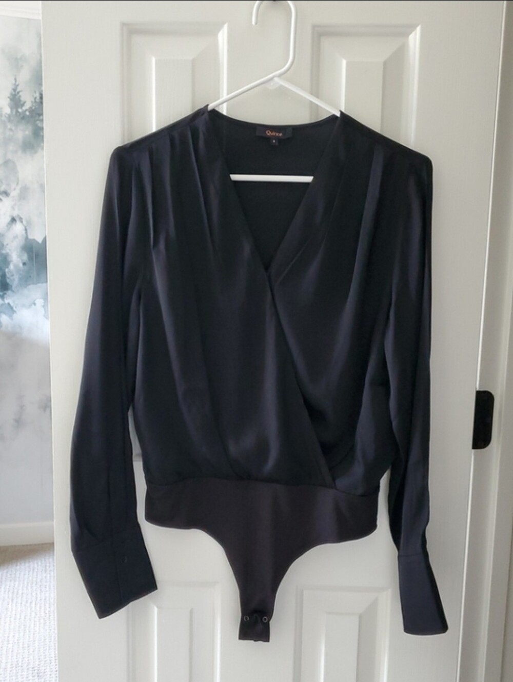 NWT Quince Washable Stretch Silk Surplice Bodysuit, Black (S)